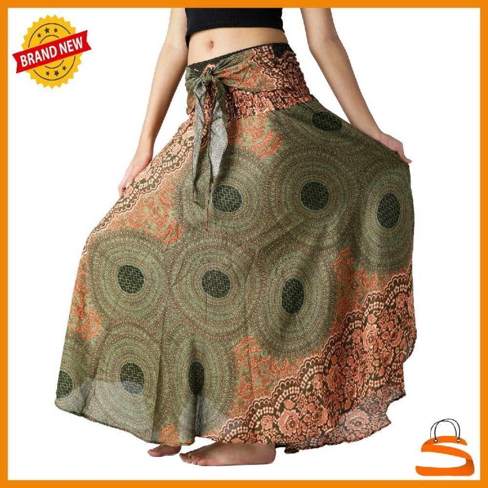 Maxi Skirt Boho Floral Print Rayon Elastic Waist Asymmetrical Hem